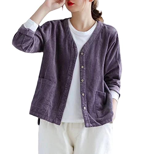 KIMCCI Blazer Für Damen,Lose Blazerjacke Aus Cordsamt Anzug Neun-Punkte-Ärmel Frühling Herbst Strickjacke Kragenlose Arbeit Einfacher Blazer Anzüge Jacke Für Damen Leichte Anzugjacke,Lila,XXL von KIMCCI