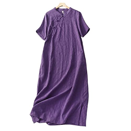 KIMCCI Boho Kleid Damen, Damen Lose Baumwolle Und Leinen Kleid Sommer Kurzarm Kleid Knopf Schräg Kleid Jacquard Spitze Tasche Boho Für Party Bankett Strandurlaub Cheongsam,Lila,L von KIMCCI