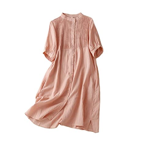 KIMCCI Boho Kleid Damen, Loses Damen-Baumwoll-Leinen-Kleid, Sommer, Kurzarm, Brust, Plissee, Hemd, Knopfleiste, Mit Tasche, Boho, Für Party, Bankett, Strandurlaub,Rosa,XXL von KIMCCI