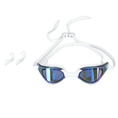 KIMISS Auslaufsichere Schwimmbrille für Erwachsene, UV-Schutz, Schwimmbrille mit HD-Gläsern für Wettkämpfe, Inklusive 2 Nasenhalter und Aufbewahrungsbox (Weiß Blau) von KIMISS