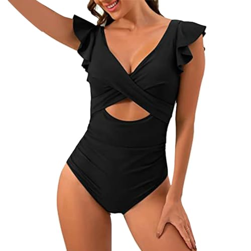 KINZE Tummy Control One -Stück Badeanzug Gekräuselt Badeanzug Schlanker Fit V Hals Badeanzug Rückenloser Strandkleidung-Schwarz-XXL von KINZE