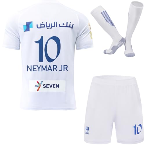 KISRAS Hilal Riyadh Al Neymar #10 Auswärts 2023/2024 Kinder Trikot Shorts Socken und Jugend Größe (Weiß, 24 (6-7 Jahre)) von KISRAS