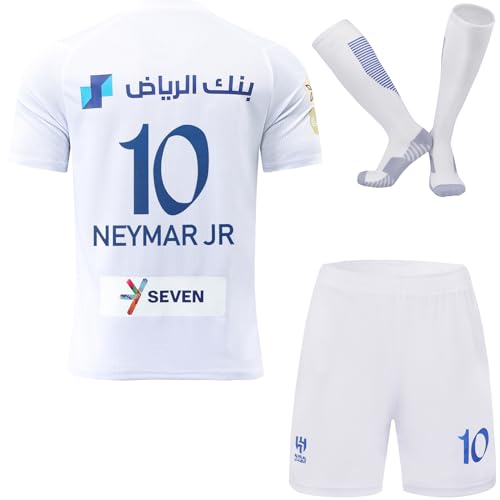KISRAS Hilal Riyadh Al Neymar #10 Auswärts 2023/2024 Kinder Trikot Shorts Socken und Jugend Größe (Weiß, 26 (8-9 Jahre)) von KISRAS