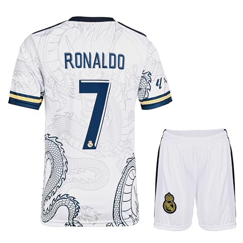 KISRAS R. Madrid Ronaldo #7 Weiß Dragon Heim Retro Limitierte Sonderedition Seltenes Fußball Kinder Trikot Shorts Set Jugendgrößen (Weiß,128) von KISRAS