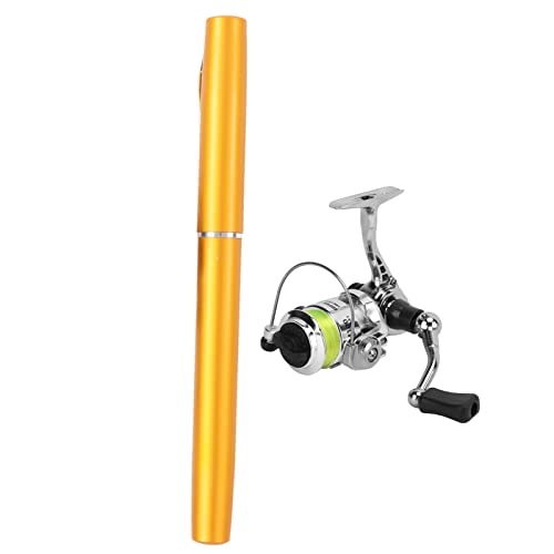 Tragbare Mini-Stift-Angelruten- und Rollen-Kombinationen, Taschen-Angelrute mit rotierender Rolle – ideal für Meeres-, Fluss- und Bachangel-Enthusiasten (Goldene Farbe) von KJAOYU