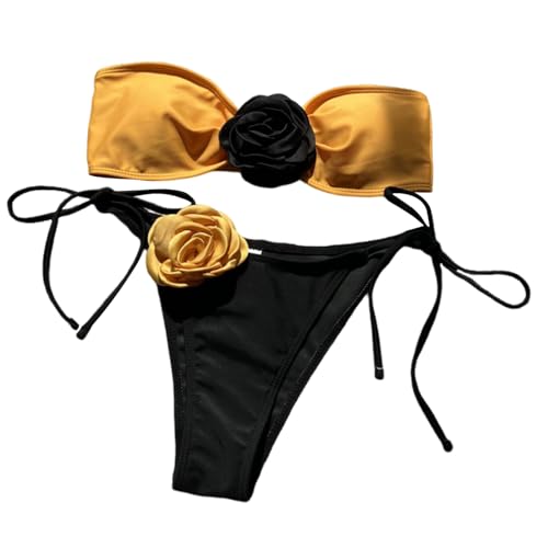 KJDKNC Damen 3D Blumen Bandeau Badeanzug Trägerloses Set 2-teilige Badebekleidung Damen Badeanzug Mit Schnürung Strandmode von KJDKNC