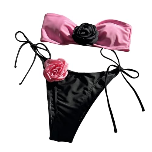 KJDKNC Damen 3D Blumen Bandeau Badeanzug Trägerloses Set 2-teilige Badebekleidung Damen Badeanzug Mit Schnürung Strandmode von KJDKNC