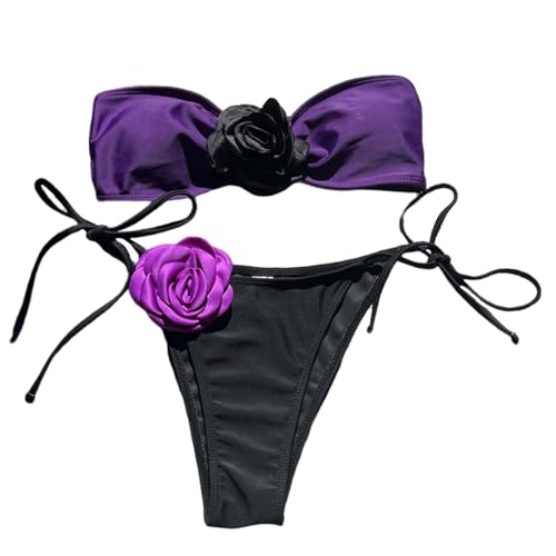 KJDKNC Damen 3D Blumen Bandeau Badeanzug Trägerloses Set 2-teilige Badebekleidung Damen Badeanzug Mit Schnürung Strandmode von KJDKNC