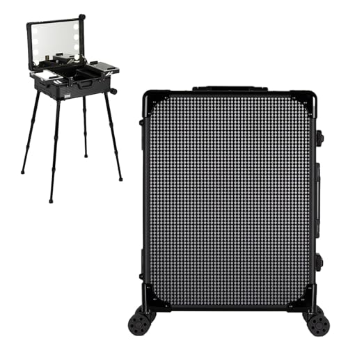 Aluminium-Trolley, Make-up-Zugkoffer mit LED-Leuchten, professioneller Kosmetik-Organizer für Studio, 3 Lichtschattierungen, Räder und Ständer (Black Plaid 52x40x22.5cm) von KJZQXYX