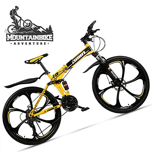 KKNSYW 24 Zoll Mountainbike für Erwachsene Herren Damen All Terrain Offroad Faltbares Mountainbike mit Doppelfederung & Scheibenbremse, verstellbarem Sitz & Rahmen aus Hartstahl/6 Speichen Gelb/21 von KKNSYW