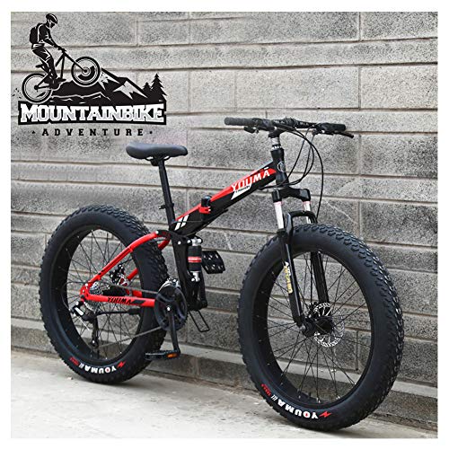 KKNSYW Mountainbike mit Doppelfederung, für Erwachsene, Herren, Damen, Fat Tire, Anti-Rutsch-Mountainbike mit Doppelscheibenbremse, faltbarer Rahmen aus Karbonstahl und verstellbarem Sitz, schwarz, 66 von KKNSYW