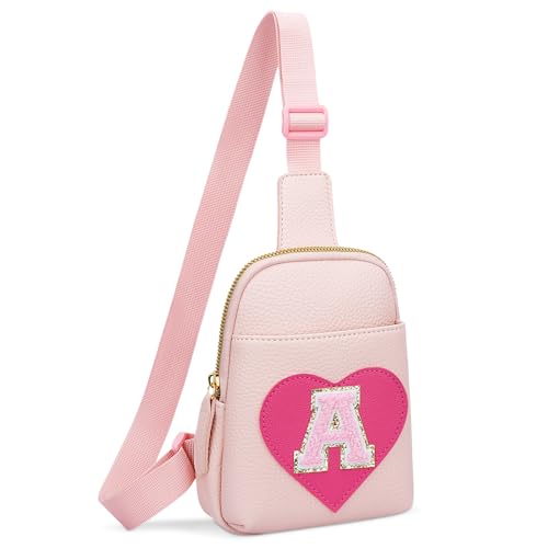 KKXIU Mädchen-Umhängetasche, Herz-Initialen-Brusttasche, Rosa, Mini-Gürteltasche, personalisiertes Geschenk für Kinder, Pink, A von KKXIU