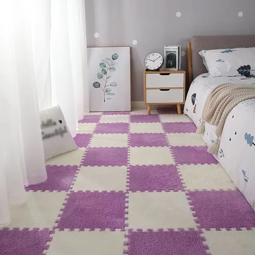 KKXXYQFC 10 Stück ineinandergreifende Teppiche, zottelig, weiche Eva-Schaumstoffmatten, Flauschige Teppiche für Zuhause, Wohnzimmer, Schlafzimmer, 30 x 30 x 1,3 cm, gebrochenes Weiß + Lila von KKXXYQFC