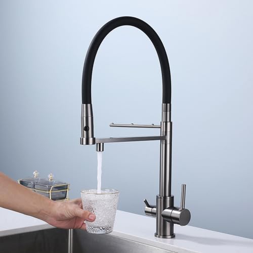 KKXXYQFC 3-Wege-Küchenarmatur mit herausziehbarem Sprühkopf, Küchenspüle, 3-in-1, herausziehbarer Silikon-Wasserauslass, Doppelgriff, Dual-Modus, Messing, Grau von KKXXYQFC