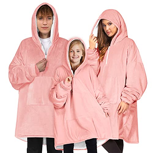 KKXXYQFC Hoodie-Decke, Sweatshirt-Hoodie, Hoodie-Pullover-Decke mit tiefer Tasche mit Reißverschluss für Damen, Herren, Mädchen, Jungen, Eltern-Kind-Outfit (Farbe: Rosa, Größe: 2*Erwachsene+1*Kind) von KKXXYQFC