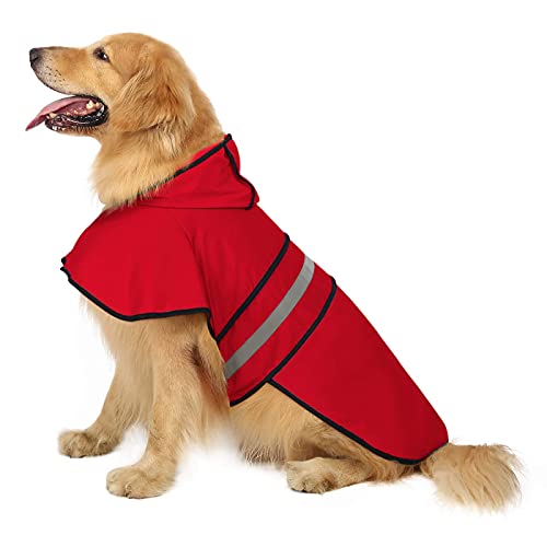 KKXXYQFC Hunde-Regenmantel, Hunde-Regenbekleidung, Jacke, Hunde-Regenmantel mit Kapuze, Welpen-Overall, Regenponcho mit reflektierendem Streifen (rot, groß) von KKXXYQFC
