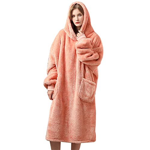 KKXXYQFC Übergroßer, Warmer, tragbarer Plüsch-Pullover-Pyjama mit Kapuze, weicher Kapuzenpullover mit Tasche, lockere, gemütliche Decke, Einheitsgröße, Robe für Männer, Frauen, Teenager (Farbe: Rosa) von KKXXYQFC