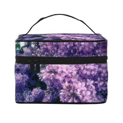 Große Kapazität Reise Blooming Purple Flowers Kosmetiktasche Canvas Damen Kulturbeutel Multi-Taschen-Kosmetiktasche mit Griff Weihnachten Urlaub Kosmetiktasche, Schwarz , Einheitsgröße von KLMELLMDE