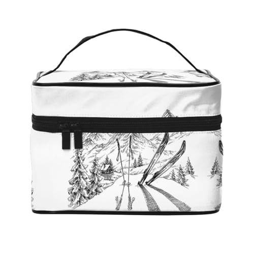 Große Kapazität Reise Skifahren Thema Kosmetiktasche Canvas Damen Kulturbeutel Multi-Taschen Kosmetiktasche mit Griff Weihnachten Urlaub Kosmetiktasche, Schwarz , Einheitsgröße von KLMELLMDE