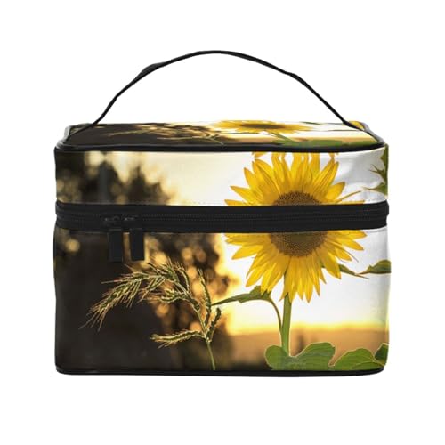 Große Kapazität Reise Sonnenblumen Kosmetiktasche Canvas Damen Kulturbeutel Multi Pocket Kosmetiktasche mit Griff Weihnachten Urlaub Kosmetiktasche, Schwarz , Einheitsgröße von KLMELLMDE