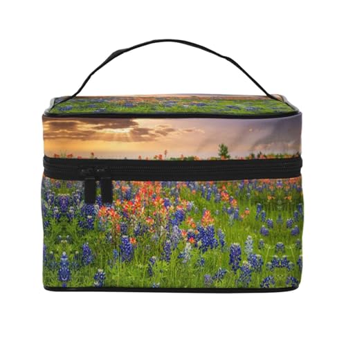 Große Kapazität Reise Texas Bluebonnets Scenery Kosmetiktasche Canvas Damen Kulturbeutel Multi Pocket Kosmetiktasche mit Griff Weihnachten Urlaub Kosmetiktasche, Schwarz , Einheitsgröße von KLMELLMDE