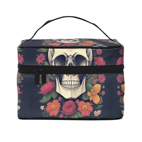 Große Kapazität Reise Totenkopf und Blume Kosmetiktasche Canvas Damen Kulturbeutel Multi Pocket Kosmetiktasche mit Griff Weihnachten Urlaub Kosmetiktasche, Schwarz , Einheitsgröße von KLMELLMDE