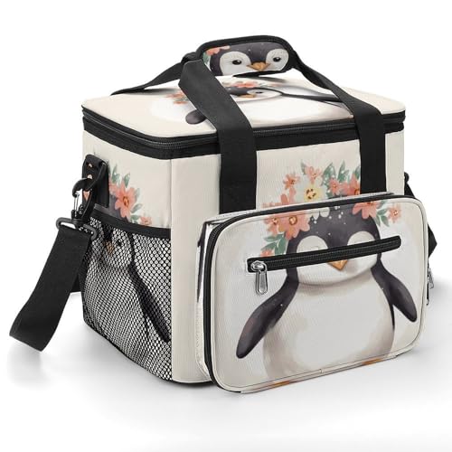 Isolierte Kühltasche, Pinguin mit Blumen bedruckt, tragbare Eistruhe, tragbare Eistruhe ist geeignet für Einkaufen, Camping, Arbeit, Picknick, Strand von KLSVTMEA