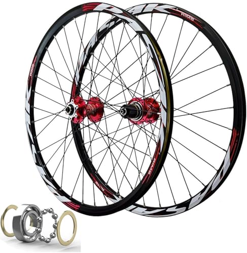 for 7-11 Geschwindigkeit Kassette MTB Laufradsatz Disc Bremse Fahrrad Felge 32 Speichen Mountainbike Vorder-und Hinterrad QR Sealed Bearing Hubs(Red,26 inch) von KLYso