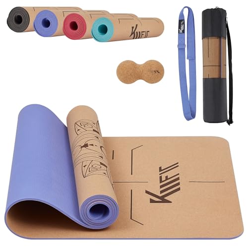 KM-Fit TPE Yoga Matte | Gymnastikmatte mit Tragegurt | Yogamatte gepolstert & rutschfest | Sportmatte für Fitness, Pilates & Gymnastik Workout | mit Tragetasche, Yogagurt und Massageball | Lila von KM KM Fit