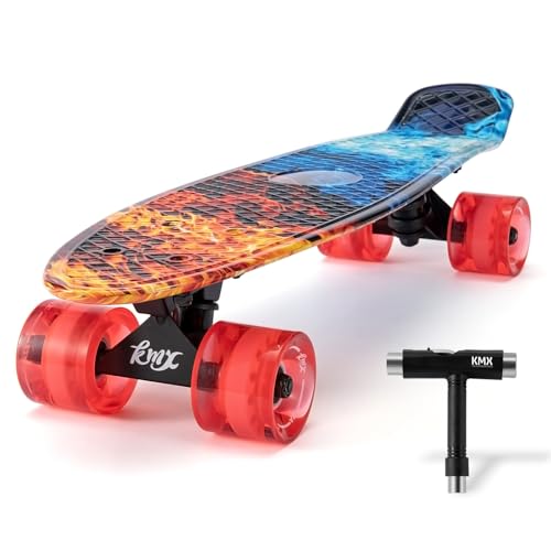 KMX 55,9 cm Fire Mini Cruiser Skateboard für Jungen Mädchen und Jugendliche, komplettes rotes Skateboard für Kinder im Alter von 6–12 Jahren, Teenager-Penny-Board (Feuerflamme) von KMX