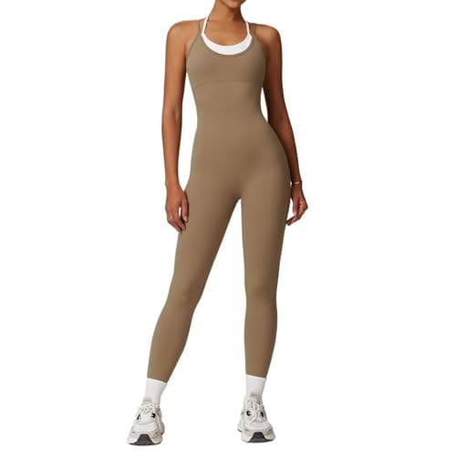 KMayVIEW KM Damen-Jumpsuit, farbblockierend, Yoga-Set, einteilig, Fitness-Strampler, ärmellos, Sportbekleidung, Fitness-Trainingsanzug, Kakaobraun, Größe S von KMayVIEW