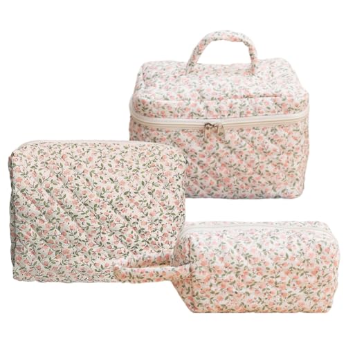 KOBONA 3 Stück Kosmetiktasche für Frauen Baumwolle gesteppt Schminktasche Kosmetikbeutel Blumen Make-up Tasche Organizer mit Reißverschluss Coquette Tragbar Kulturbeutel Kosmetiktasche KOBONA 3 Stück Kosmetiktasche für Frauen Baumwolle gesteppt Schminktasche Kosmetikbeutel Blumen Make-up Tasche Organizer mit Reißverschluss Coquette Tragbar Kulturbeutel Kosmetiktasche von KOBONA