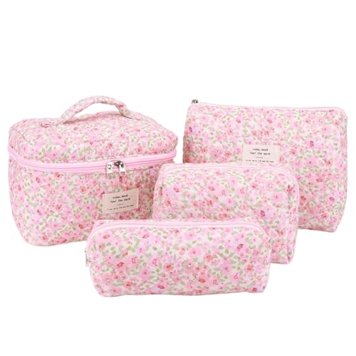 KOBONA 4-teilige Make-up-Tasche for Damen, gesteppt, Reise-Kulturbeutel, geblümt, Baumwolle, Make-up-Tasche, Make-up-Organizer, Kulturbeutel von KOBONA