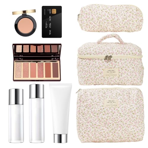 KOBONA Make up Tasche Damen Schminktasche Gesteppte Makeup Bag Aesthetic Reise Kosmetiktasche Große Kapazität Blumen Kosmetiktasche mit Clutch und Stiftetui Niedliche Kosmetiktasche von KOBONA