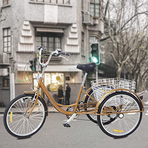 KOLHGNSE Dreirad für Erwachsene, 24 Zoll Dreirad 6-Gang 3-Rad Fahrrad Erwachsene Dreirad Cruise Trike Bike mit Korb & Licht für alle Geschlechter und Altersgruppen (Gold) von KOLHGNSE