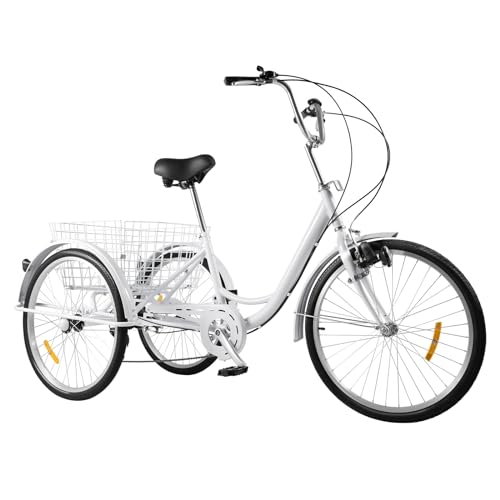 KOLHGNSE Dreirad für Erwachsene, 24 Zoll Dreirad 6-Gang 3-Rad Fahrrad Erwachsene Dreirad Cruise Trike Bike mit Korb & Licht für alle Geschlechter und Altersgruppen (Weiß) von KOLHGNSE