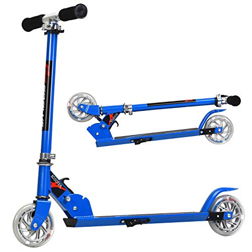 KOMFOTTEU Kinder Scooter mit LED Rädern, Kinderroller höhenverstellbar & Klappbar, Kickscooter Cityroller aus Aluminium, Tretroller kinderscooter für Kinder ab 4 Jahre (Blau) von KOMFOTTEU