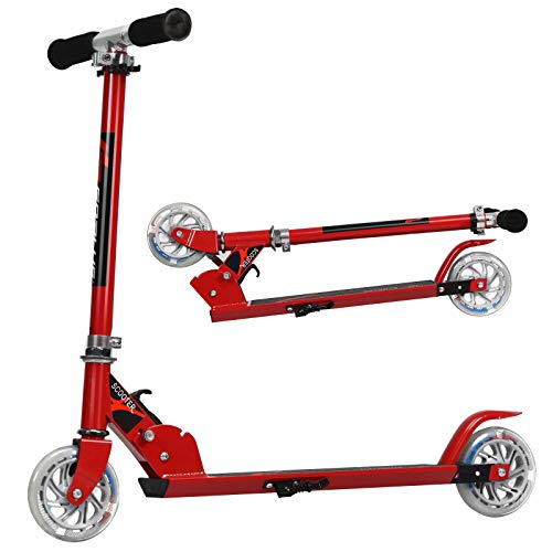 KOMFOTTEU Kinder Scooter mit LED Rädern, Kinderroller höhenverstellbar & Klappbar, Kickscooter Cityroller aus Aluminium, Tretroller kinderscooter für Kinder ab 4 Jahre (Rot) von KOMFOTTEU