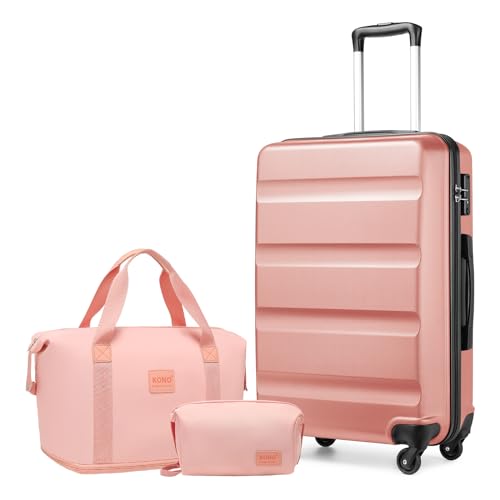 KONO Gepäck-Set Reise ABS Hartschale Kabinenkoffer mit TSA-Schloss und erweiterbarer Reisetasche & Kulturbeutel, Hautfarben und Rosa, Luggage Set 5 pcs, modisch von KONO