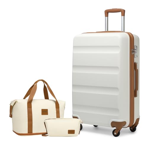 KONO Gepäck-Set Reise ABS Hartschale Kabinenkoffer mit TSA-Schloss und erweiterbarer Reisetasche & Kulturbeutel, cremeweiß, 28 Inch Luggage Set, modisch von KONO