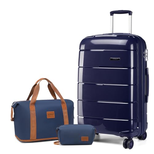 KONO Gepäck-Sets 3 Stück Check in Medium Gepäck Reise Handgepäck mit Reisetasche und Kulturbeutel Lightweight Polypropylen Trolley-Koffer mit sicheren TSA Lock (Navy, 24 Zoll Gepäck Set) von KONO