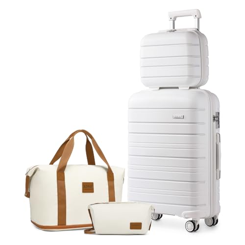 KONO Gepäck-Sets mit 4-teiligem Handgepäck mit Kosmetikkoffer, inklusive 1 Reisetasche und 1 Kulturbeutel, leichtes Polypropylen, 55 x 40 x 20 cm, Kabinenkoffer, weiß, 28'' Luggage Set, 2K2091L WE von KONO