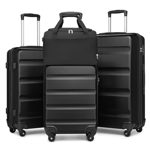 KONO Gepäcksets, 4-teiliges Set, ABS-Hartschale, Leichter Koffer mit Handgepäck, Reisetasche für Ryanair, strapazierfähiges Reisegepäck mit TSA-Schloss,Schwarz, Gepäcksets von KONO