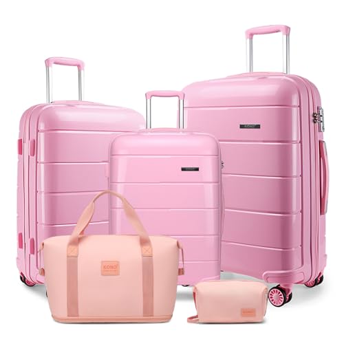 KONO Koffer Sets von 5 Stück Cabin/Medium/Large Luggage Carry On Travel Suitcase Sets mit Reisetasche und Kulturbeutel Lightweight Polypropylene Hard Shell Trolley Case with Secure TSA Lock（Pink） von KONO
