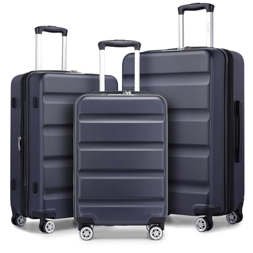 KONO Koffer Trolley Kofferset 3 Teilig Erweiterbarer Leichte Hartschalenkoffer aus ABS+PC Reisekoffer mit TSA-Schloss und 4 Spinnrollen M-L-XL, Blau von KONO