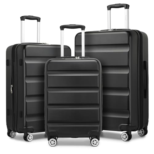 KONO Koffer Trolley Kofferset 3 Teilig Erweiterbarer Leichte Hartschalenkoffer aus ABS+PC Reisekoffer mit TSA-Schloss und 4 Spinnrollen M-L-XL, Schwarz von KONO