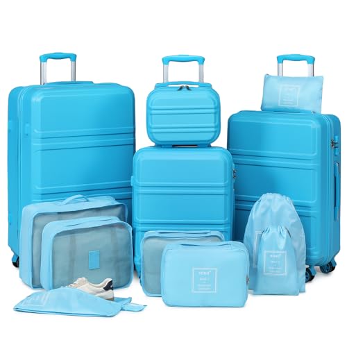 KONO Koffer Trolleys Gepäck-Set Leicht ABS Hartschalenkoffer mit TSA Schloss bei Organizer Set 8-teilig Ordnungssystem für Koffer（Blau，Kofferset-Kosmetikkoffer-M-L-XL） von KONO