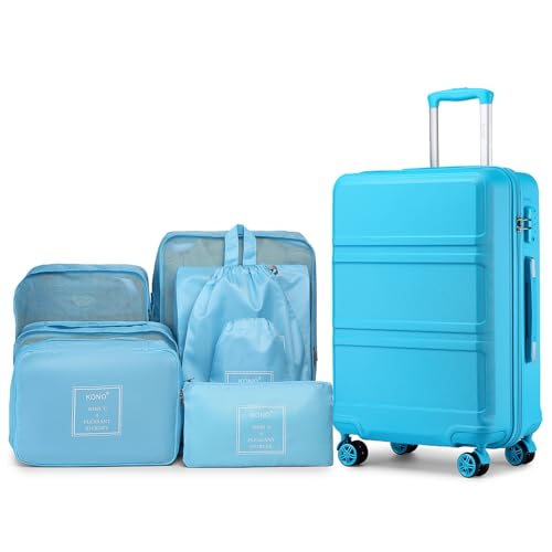 KONO Koffer Trolleys Handgepäck Leicht ABS Hartschalenkoffer mit TSA Schloss bei Organizer Set 8-teilig Ordnungssystem für Koffer（Blau，55x40x22cm，40L） von KONO