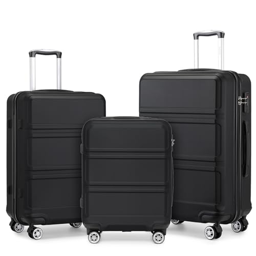 KONO Kofferset 3 Teilig Hartschalenkoffer von ABS Trolley Handgepäck Koffer Gepäck-sets M-L-XL Reisekoffer mit Rollen und TSA Schloss, Schwarz von KONO