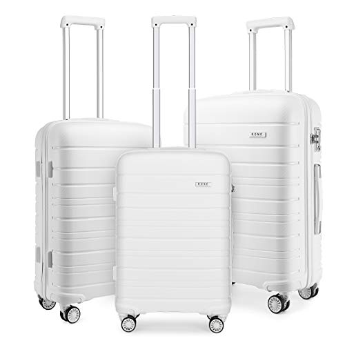 KONO Luggage Sets Gepäcksets Koffer Trolleys Set 3 Teilig Kofferset Polypropylen Hartschalenkoffer Reisekoffer mit 4 Rollen und TSA Schloss, Kofferset-XL-L-M (Weiß) von KONO
